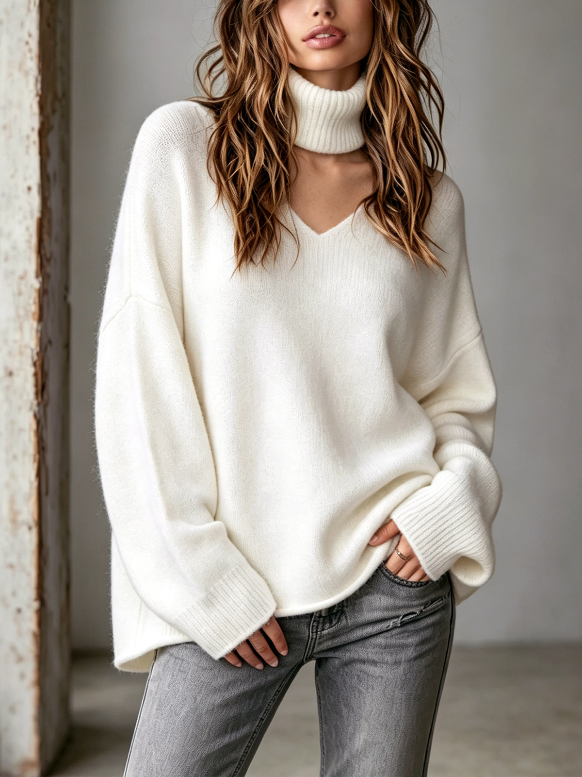 ElevenOra Chic Elegant Cream White V-Neck Dropped Shoulder Long-Sleeve Neck Gaiter Loose-Fit Knit Sweater
