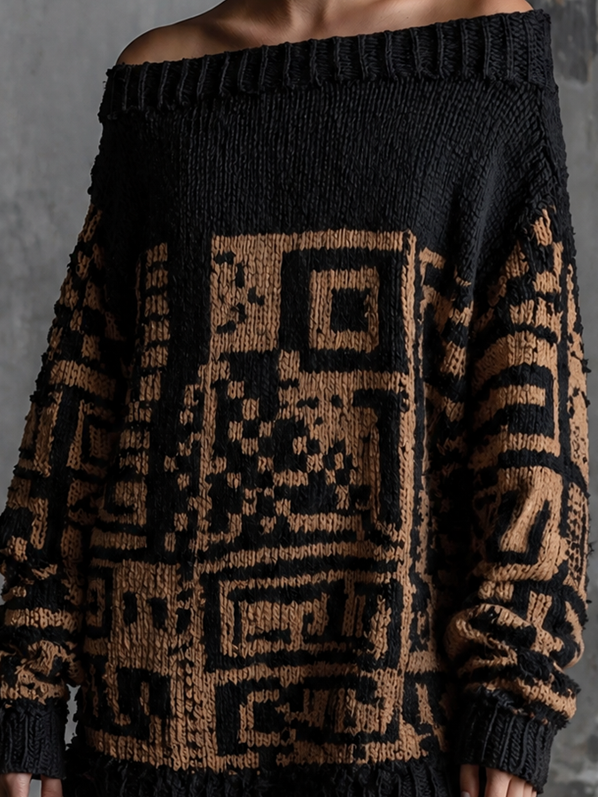 ElevenOra Chic Casual Black-Camel Off Shoulder Dropped Shoulder Long-Sleeve Geometric Jacquard Loose-Fit Knit Mini Dress