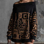 ElevenOra Chic Casual Black-Camel Off Shoulder Dropped Shoulder Long-Sleeve Geometric Jacquard Loose-Fit Knit Mini Dress