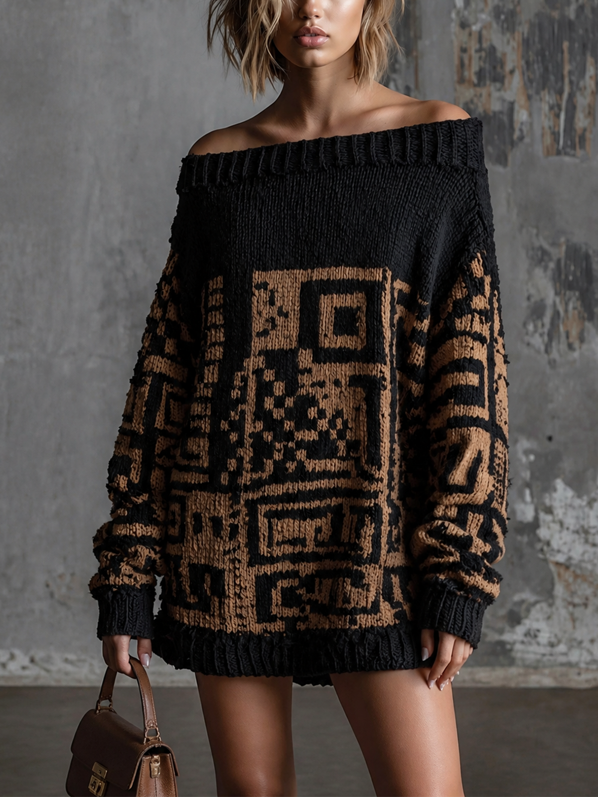 ElevenOra Chic Casual Black-Camel Off Shoulder Dropped Shoulder Long-Sleeve Geometric Jacquard Loose-Fit Knit Mini Dress
