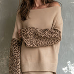 ElevenOra Chic Elegant Camel One-Shoulder Brown Leopard Jacquard Patchwork Long-Flare-Sleeve Loose-Fit Knit Sweater