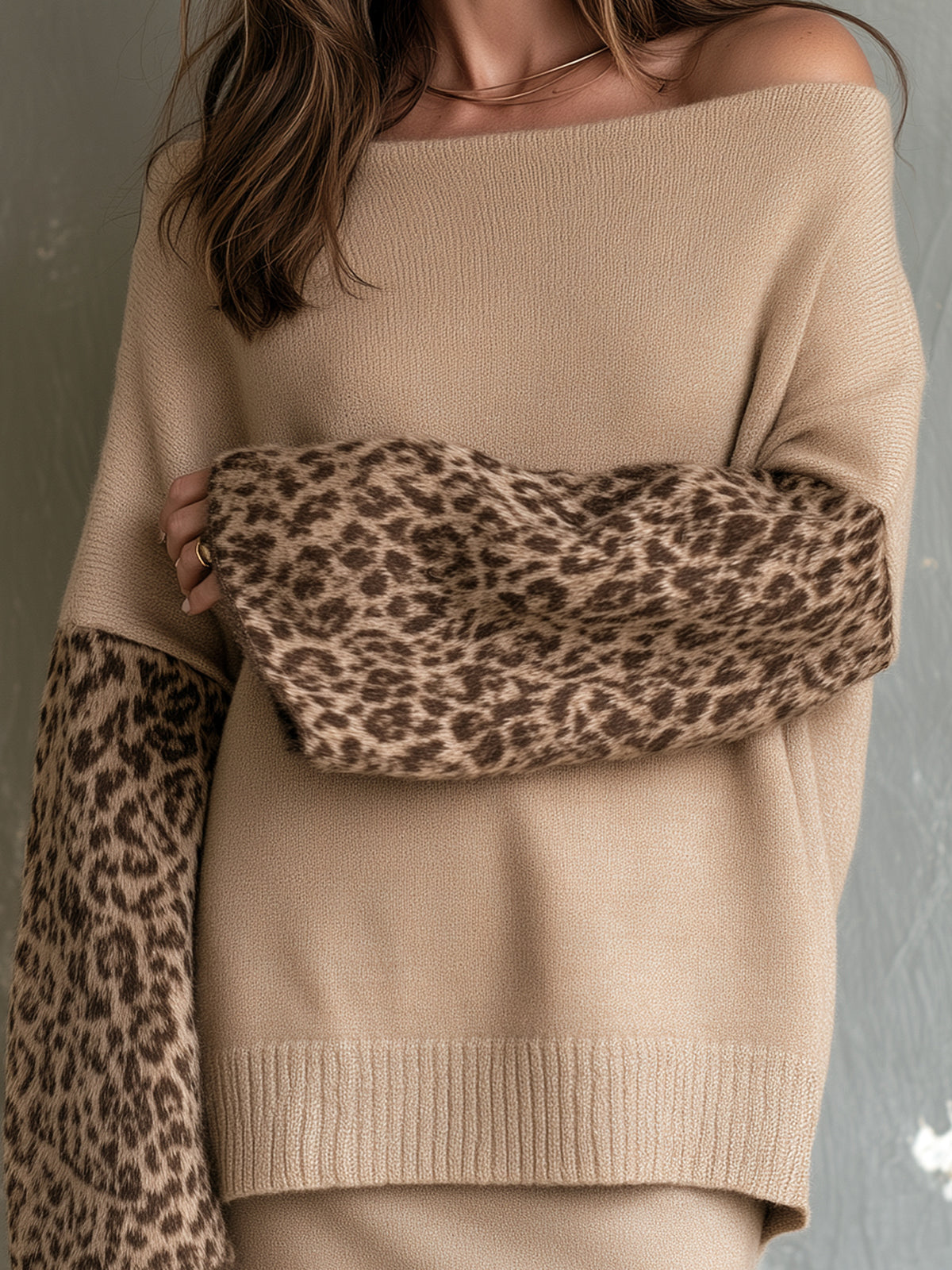 ElevenOra Chic Elegant Camel One-Shoulder Brown Leopard Jacquard Patchwork Long-Flare-Sleeve Loose-Fit Knit Sweater