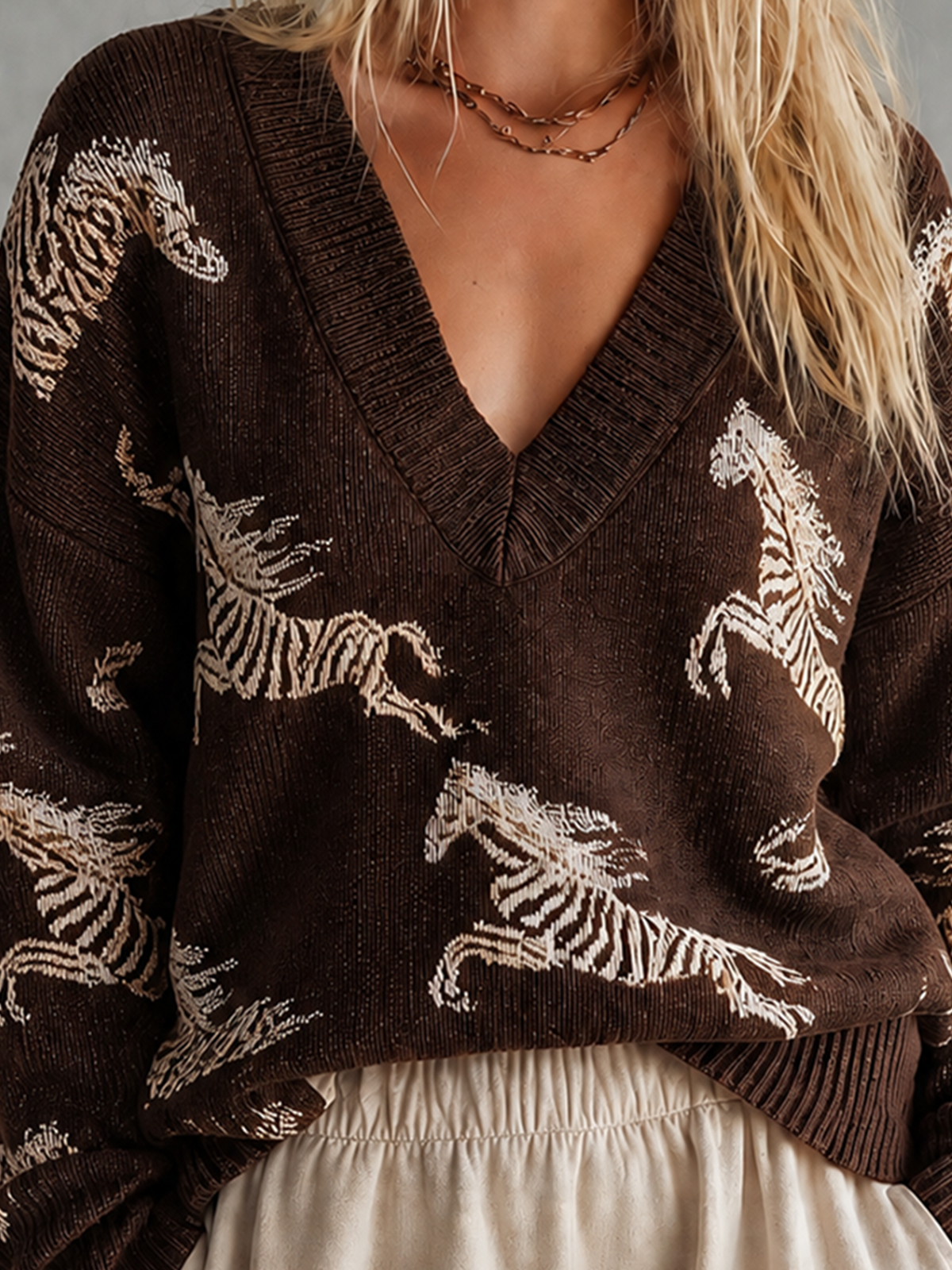 ElevenOra Chic Casual Brown V-Neck Dropped Shoulder Long-Sleeve Zebra Animal Jacquard Loose-Fit Knit Sweater Top