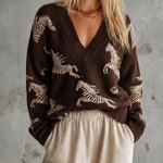 ElevenOra Chic Casual Brown V-Neck Dropped Shoulder Long-Sleeve Zebra Animal Jacquard Loose-Fit Knit Sweater Top