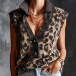 ElevenOra Chic Elegant Coffee-Camel Colorblock Leopard Jacquard Button-Up Lapel Collar Sleeveless Loose-Fit Knit Vest Top