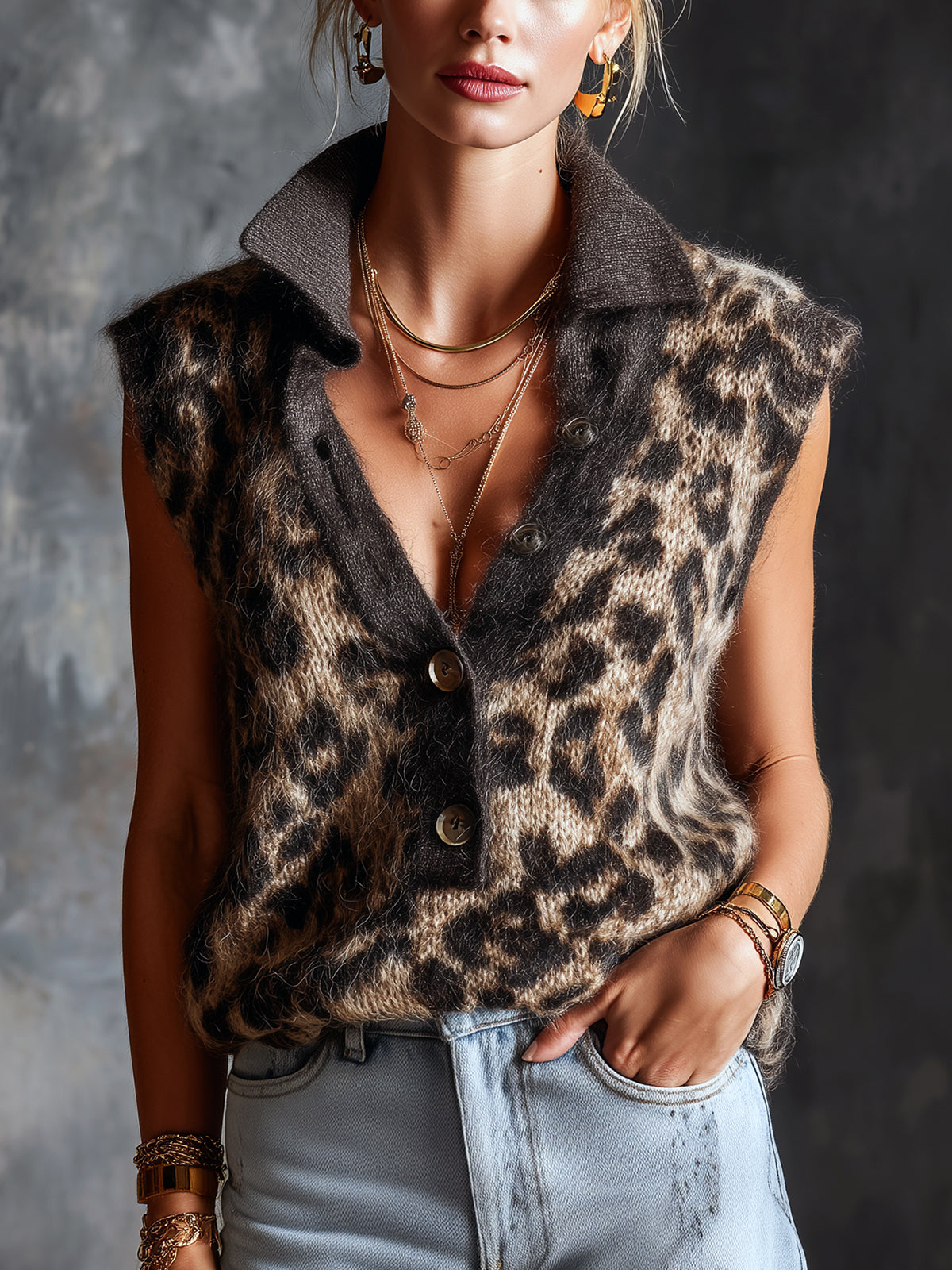 ElevenOra Chic Elegant Coffee-Camel Colorblock Leopard Jacquard Button-Up Lapel Collar Sleeveless Loose-Fit Knit Vest Top