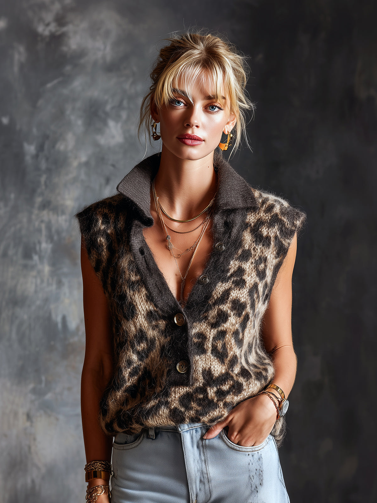 ElevenOra Chic Elegant Coffee-Camel Colorblock Leopard Jacquard Button-Up Lapel Collar Sleeveless Loose-Fit Knit Vest Top