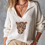 ElevenOra Chic Elegant Cream White-Brown Leopard Pattern Lapel V-Neck Dropped Shoulder Long-Sleeve Loose-Fit Knit Sweater