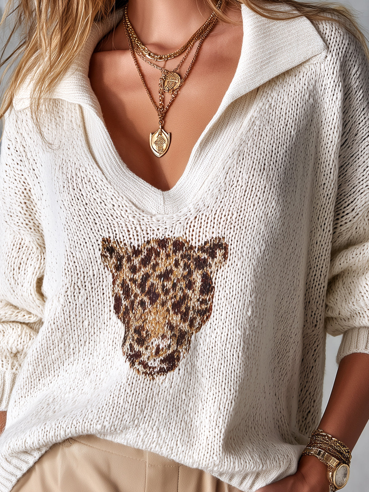 ElevenOra Chic Elegant Cream White-Brown Leopard Pattern Lapel V-Neck Dropped Shoulder Long-Sleeve Loose-Fit Knit Sweater
