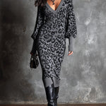 ElevenOra Chic Elegant Gray-Black Colorblock Leopard Jacquard V-Neck Dropped Shoulder Long-Lantern-Sleeve Slim-Fit Knit Midi Dress