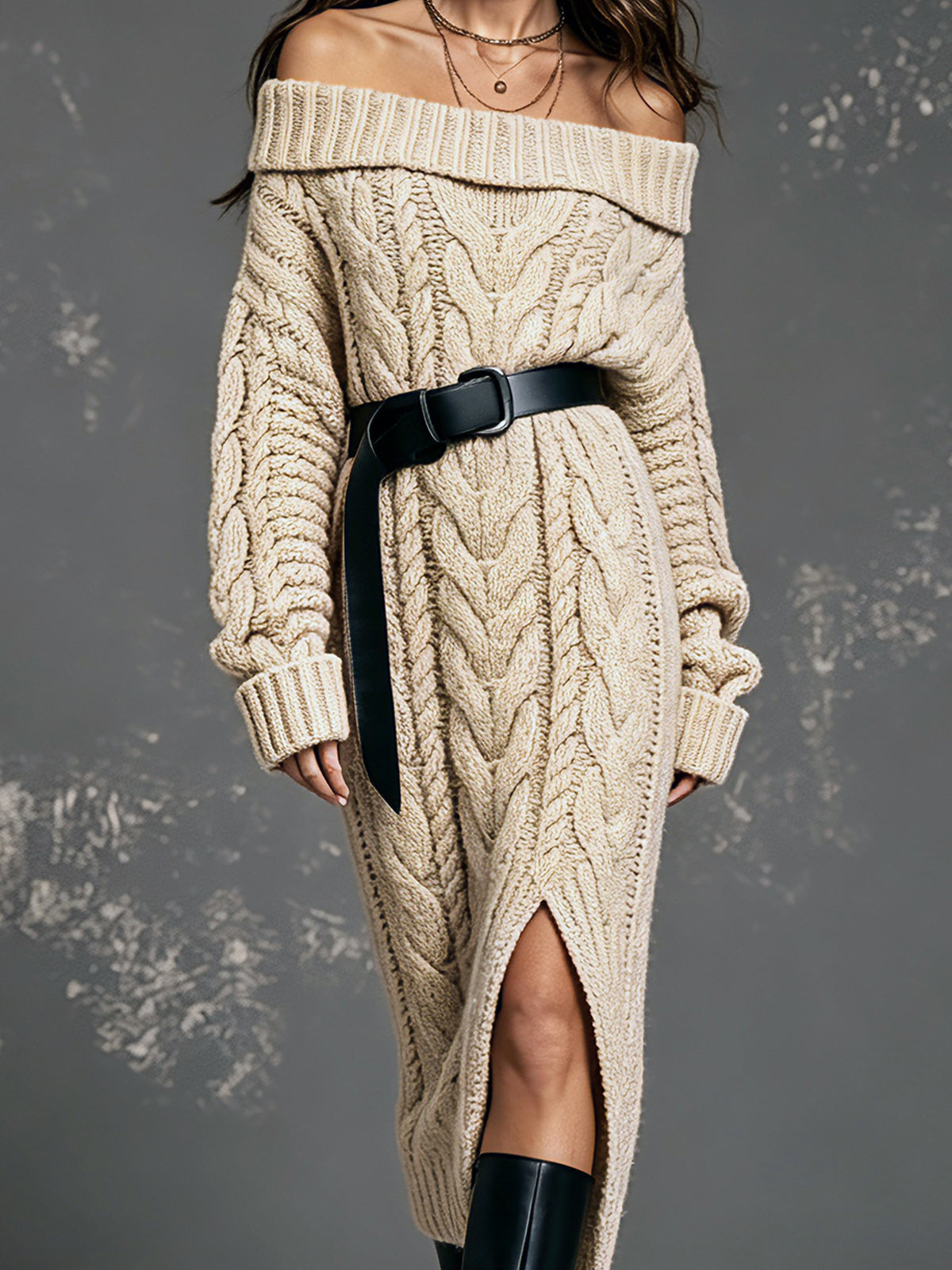 ElevenOra Chic Elegant Beige Off-The-Shoulder Long-Sleeve Belted Slit Detail Loose-Fit Warm Cotton Cable Knit Midi Dress