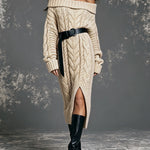 ElevenOra Chic Elegant Beige Off-The-Shoulder Long-Sleeve Belted Slit Detail Loose-Fit Warm Cotton Cable Knit Midi Dress