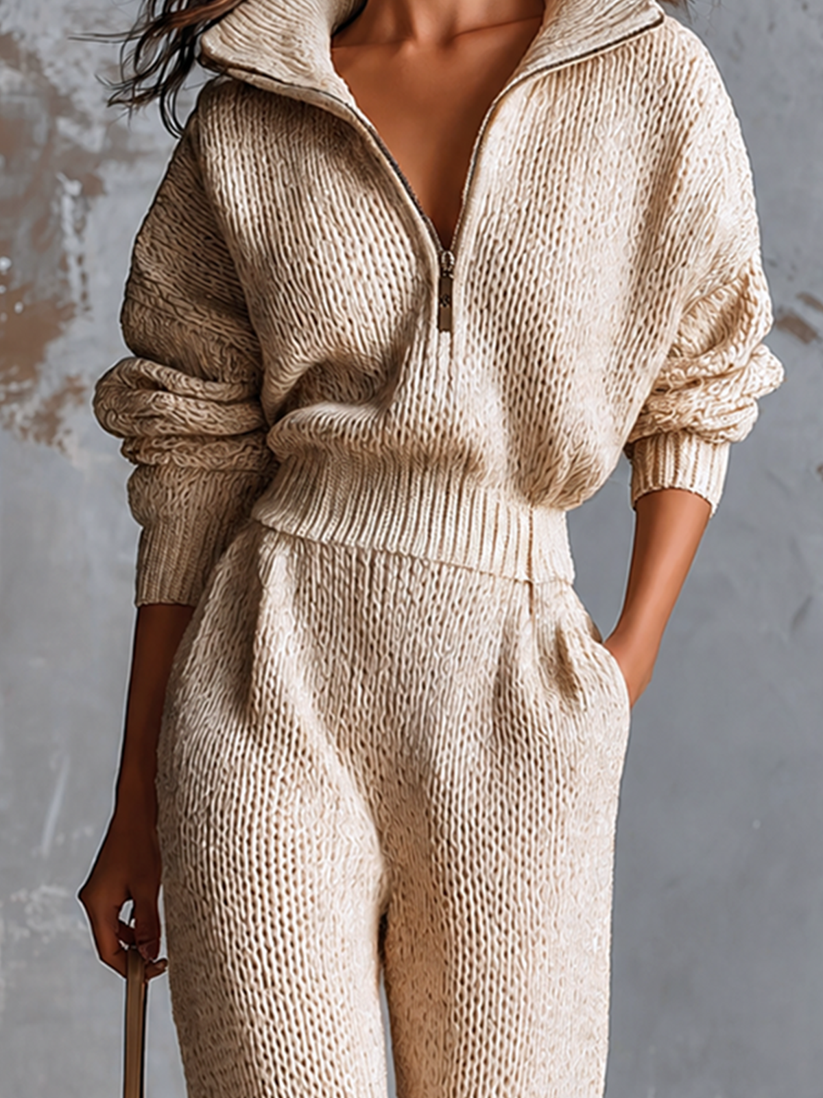 ElevenOra Chic Elegant Oatmeal Half-Zipper Collar Dropped Shoulder Long-Sleeve Elastic-Waist Loose-Fit Knit Jumpsuit