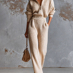 ElevenOra Chic Elegant Oatmeal Half-Zipper Collar Dropped Shoulder Long-Sleeve Elastic-Waist Loose-Fit Knit Jumpsuit