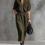 ElevenOra Chic Elegant Army Green Zipper-Front Stand Collar Short-Raglan-Sleeve Elastic Wasit Loose-Fit Ribbed Knit Midi Dress