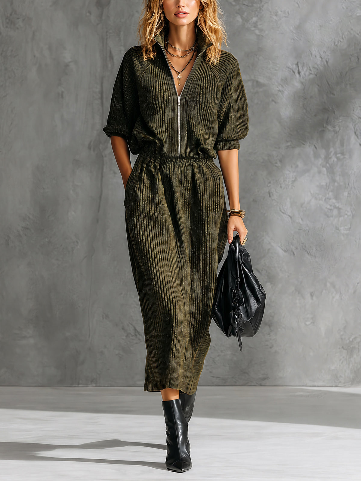 ElevenOra Chic Elegant Army Green Zipper-Front Stand Collar Short-Raglan-Sleeve Elastic Wasit Loose-Fit Ribbed Knit Midi Dress