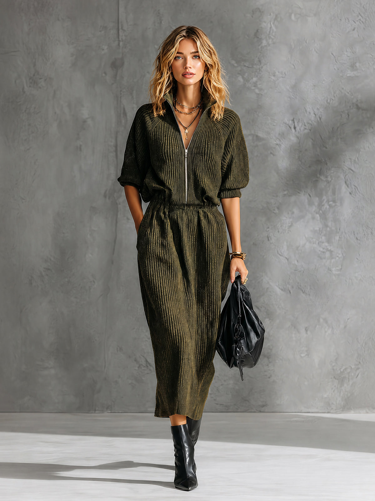 ElevenOra Chic Elegant Army Green Zipper-Front Stand Collar Short-Raglan-Sleeve Elastic Wasit Loose-Fit Ribbed Knit Midi Dress