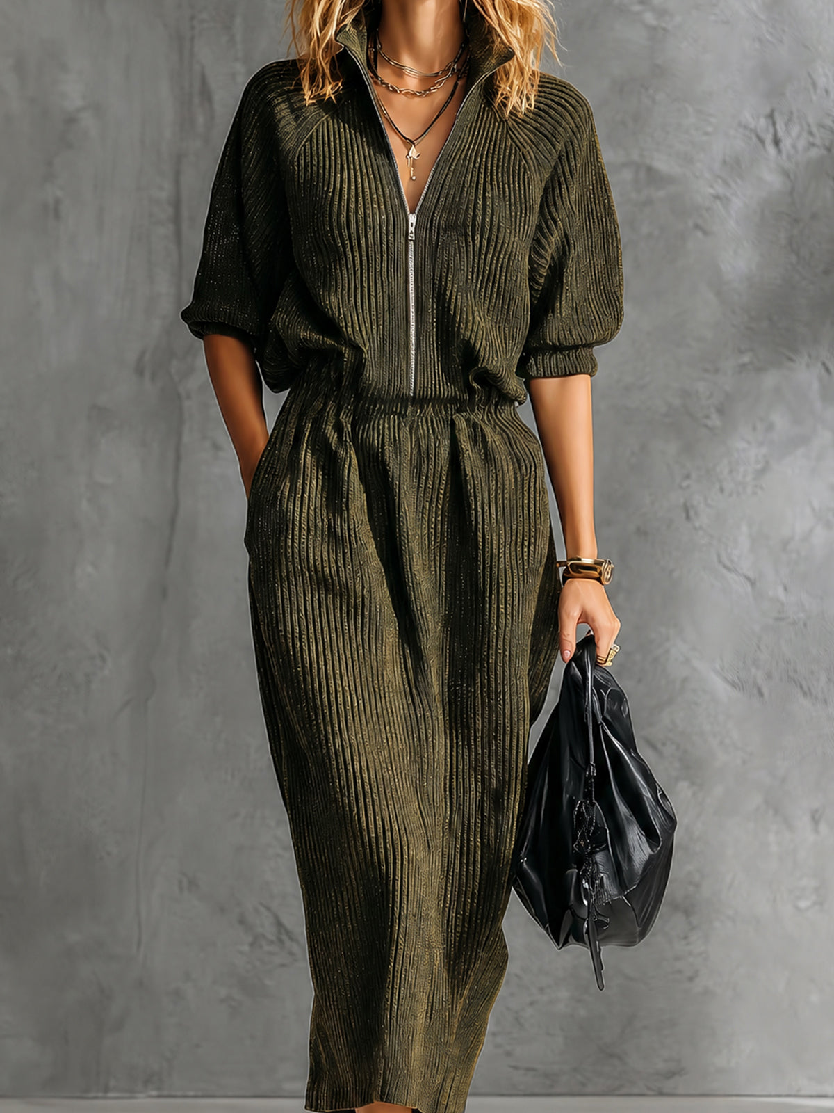 ElevenOra Chic Elegant Army Green Zipper-Front Stand Collar Short-Raglan-Sleeve Elastic Wasit Loose-Fit Ribbed Knit Midi Dress