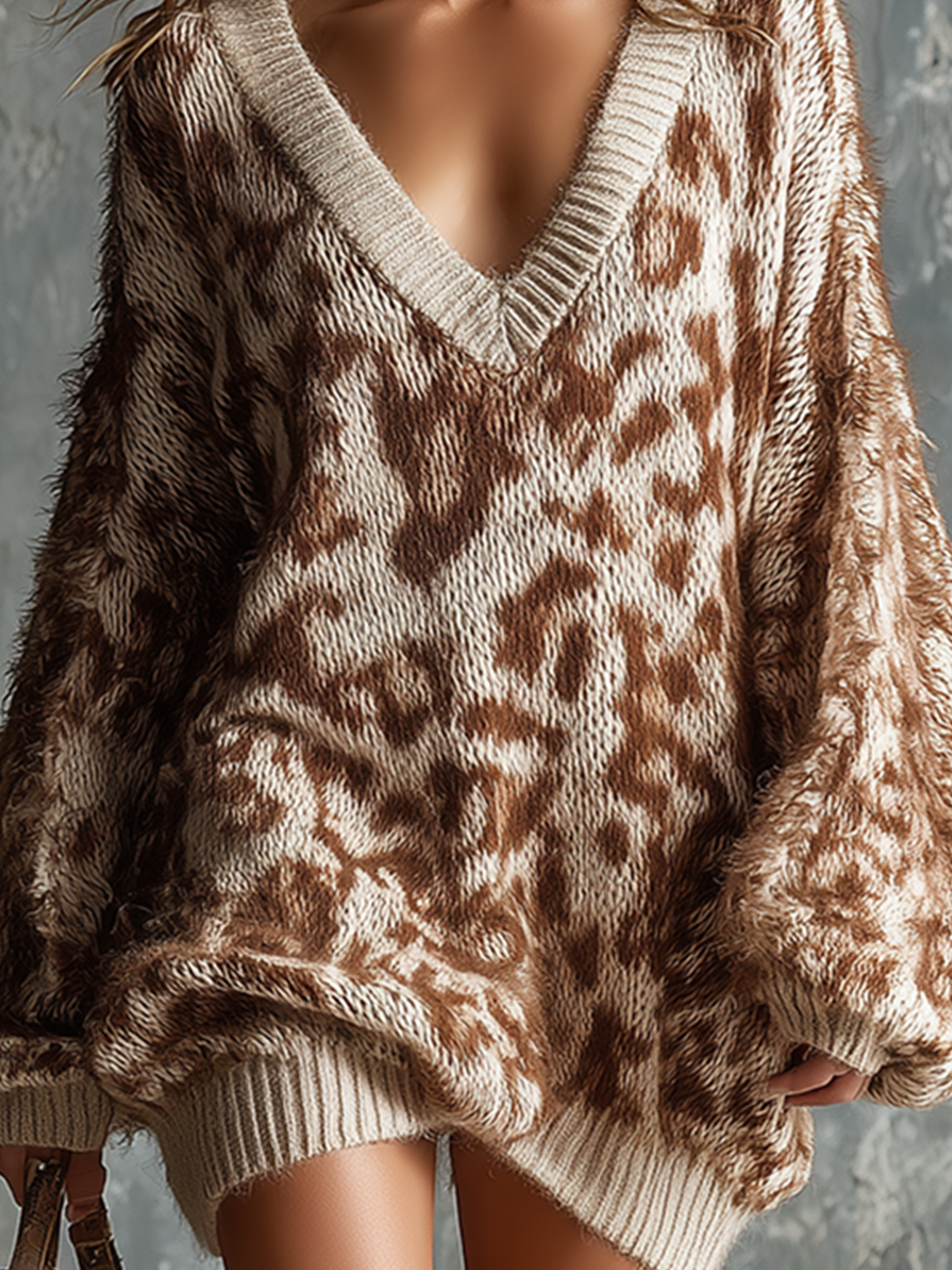 ElevenOra Chic Elegant Brown-Off White Leopard Jacquard V-Neck Dropped Shoulder Long-Sleeve Loose-Fit Fuzzy Knit Mini Dress