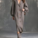 ElevenOra Chic Elegant Gray Melange Notched Lapel Single-Breasted Dropped Shoulder Long-Sleeve Loose-Fit Knit Midi Dress