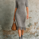 ElevenOra Chic Elegant Heather Grey Round-Neck Short-Sleeve Fringe Hem Slim-Fit Knit Midi Dress