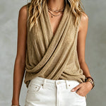 ElevenOra Chic Elegant Khaki V-Neck Cross-Front Sleeveless Loose-Fit Soft Mesh Knit Vest Top