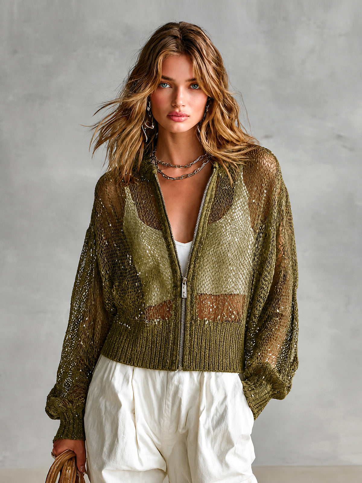 ElevenOra Chic Elegant Army Green Sequins Round-Collar Zipper-Placket Dropped Shoulder Long-Sleeve Loose-Fit Knit Cardigan