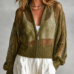 ElevenOra Chic Elegant Army Green Sequins Round-Collar Zipper-Placket Dropped Shoulder Long-Sleeve Loose-Fit Knit Cardigan