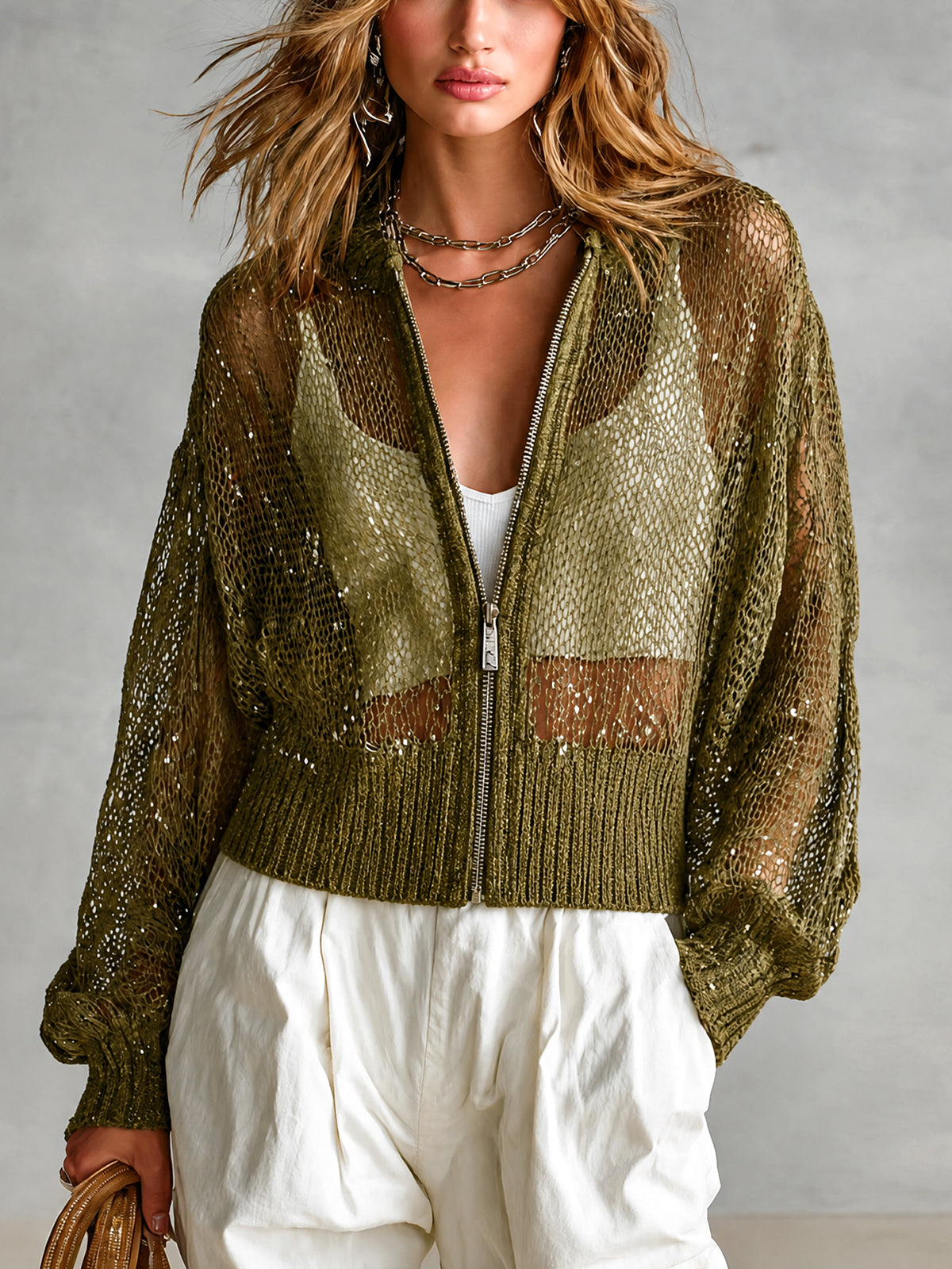 ElevenOra Chic Elegant Army Green Sequins Round-Collar Zipper-Placket Dropped Shoulder Long-Sleeve Loose-Fit Knit Cardigan