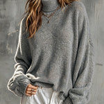ElevenOra Chic Elegant Gray Turtleneck Dropped Shoulder Long-Lantern-Sleeve Oversize Warm Soft Knit Sweater