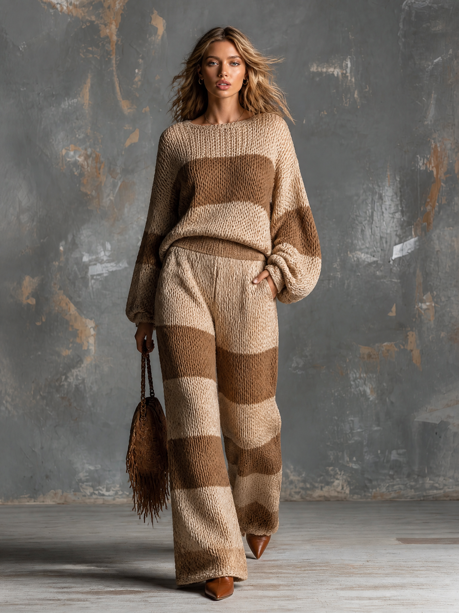 ElevenOra Chic Elegant Camel-Beige Wide Stripe Boat Neck Long-Sleeve Loose-Fit Sweater Elastic-Waist Pants Knit Two-Piece Set