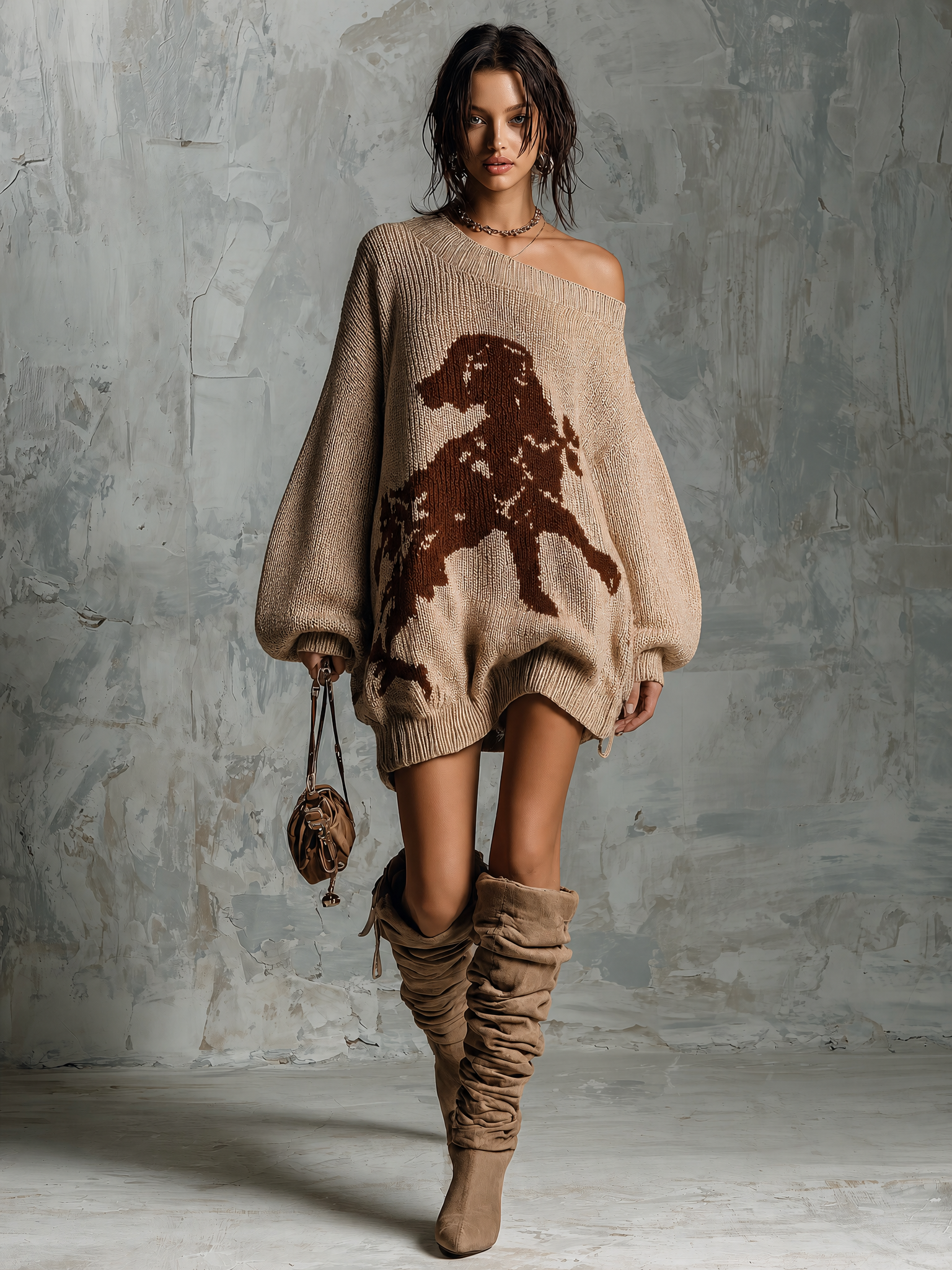 ElevenOra Chic Casual Oatmeal One Shoulder Dog Jacquard Dropped Shoulder Long-Sleeve Loose-Fit Knit Mini Dress