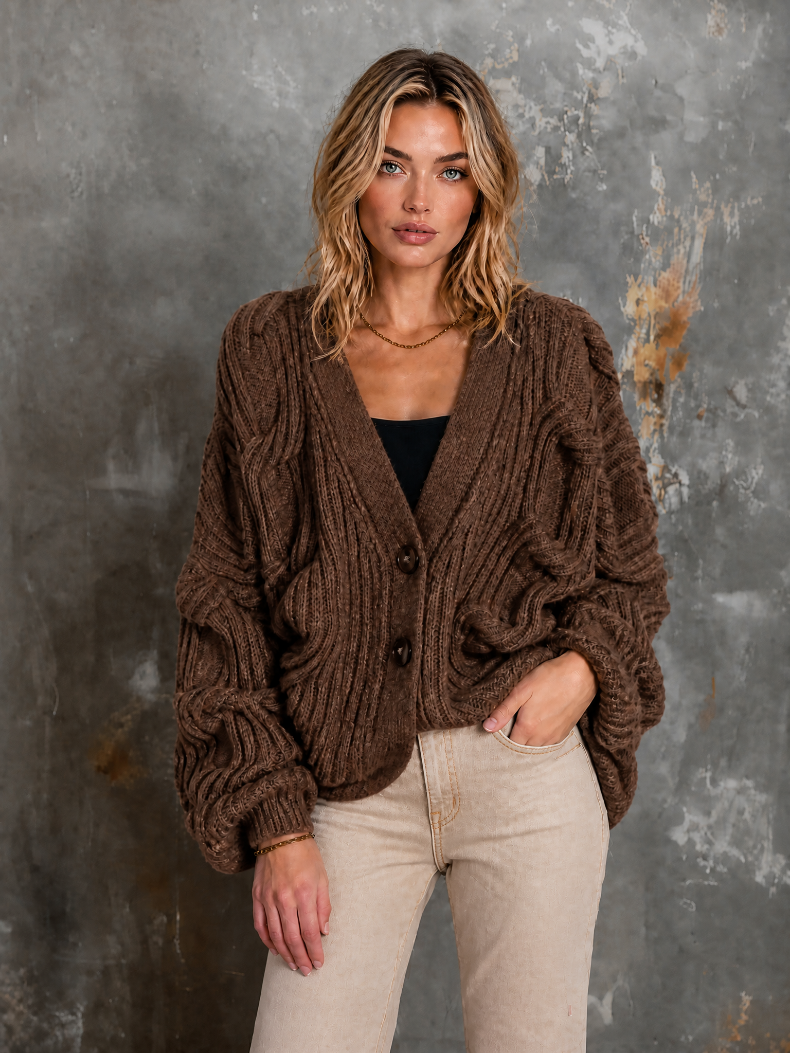 ElevenOra Chic Elegant Brown V-Neck Single-Breasted Dropped Shoulder Long-Sleeve Loose-Fit Cable Knit Cardigan Top