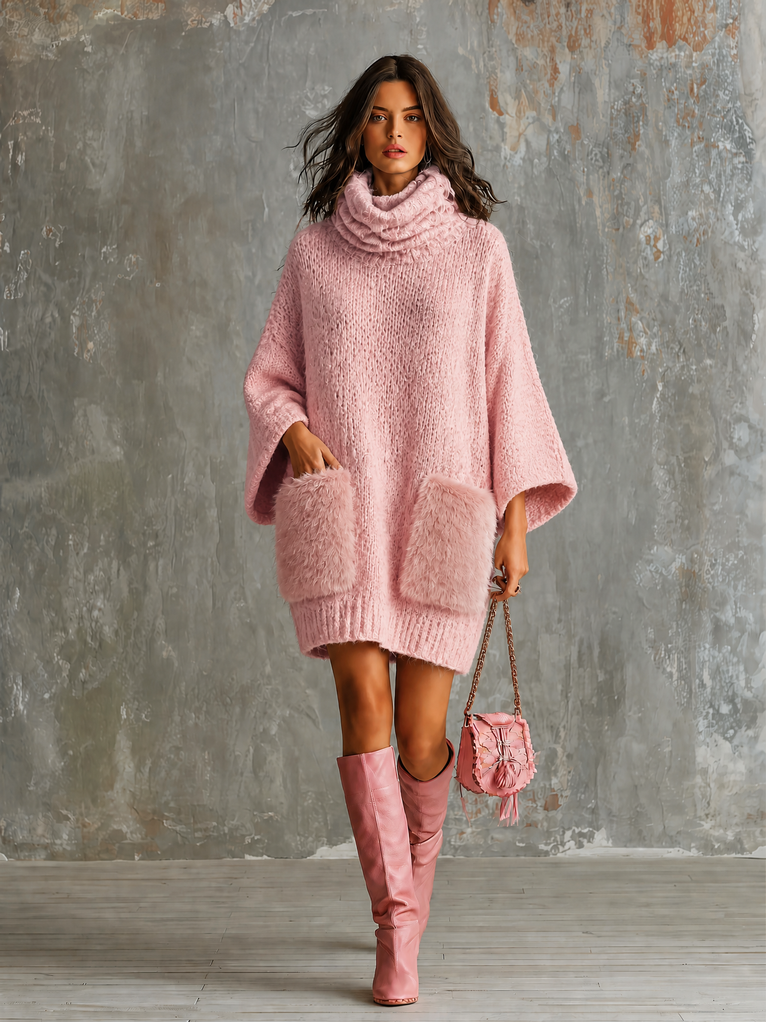 ElevenOra Chic Casual Dusty Pink Cowl Neck Flare Three-Quarter Loose Sleeves Faux Fur Plush Patch Pockets Loose-Fit Knit Mini Dress