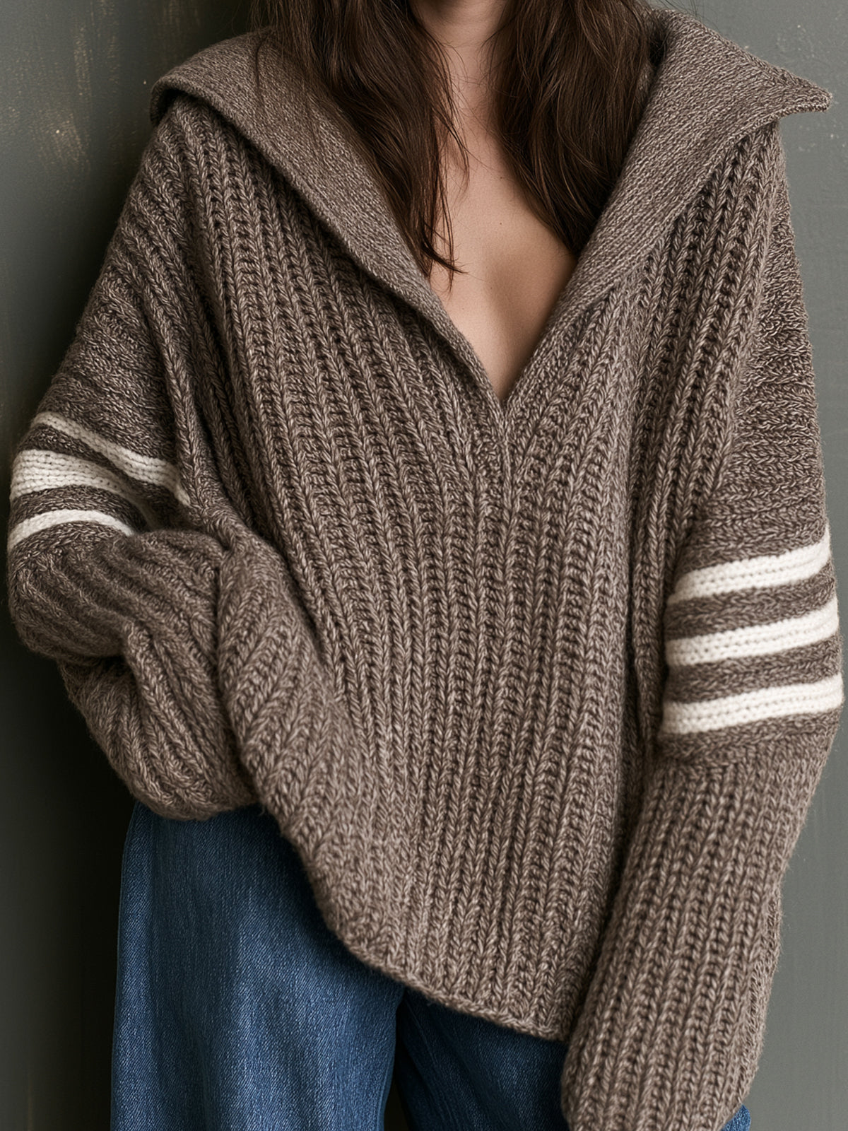 ElevenOra Chic Elegant Brown Lapel V-Neck Dropped Shoulder Long-Sleeve White Stripes Detail Oversize Ribbed Knit Sweater
