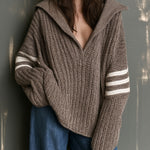 ElevenOra Chic Elegant Brown Lapel V-Neck Dropped Shoulder Long-Sleeve White Stripes Detail Oversize Ribbed Knit Sweater