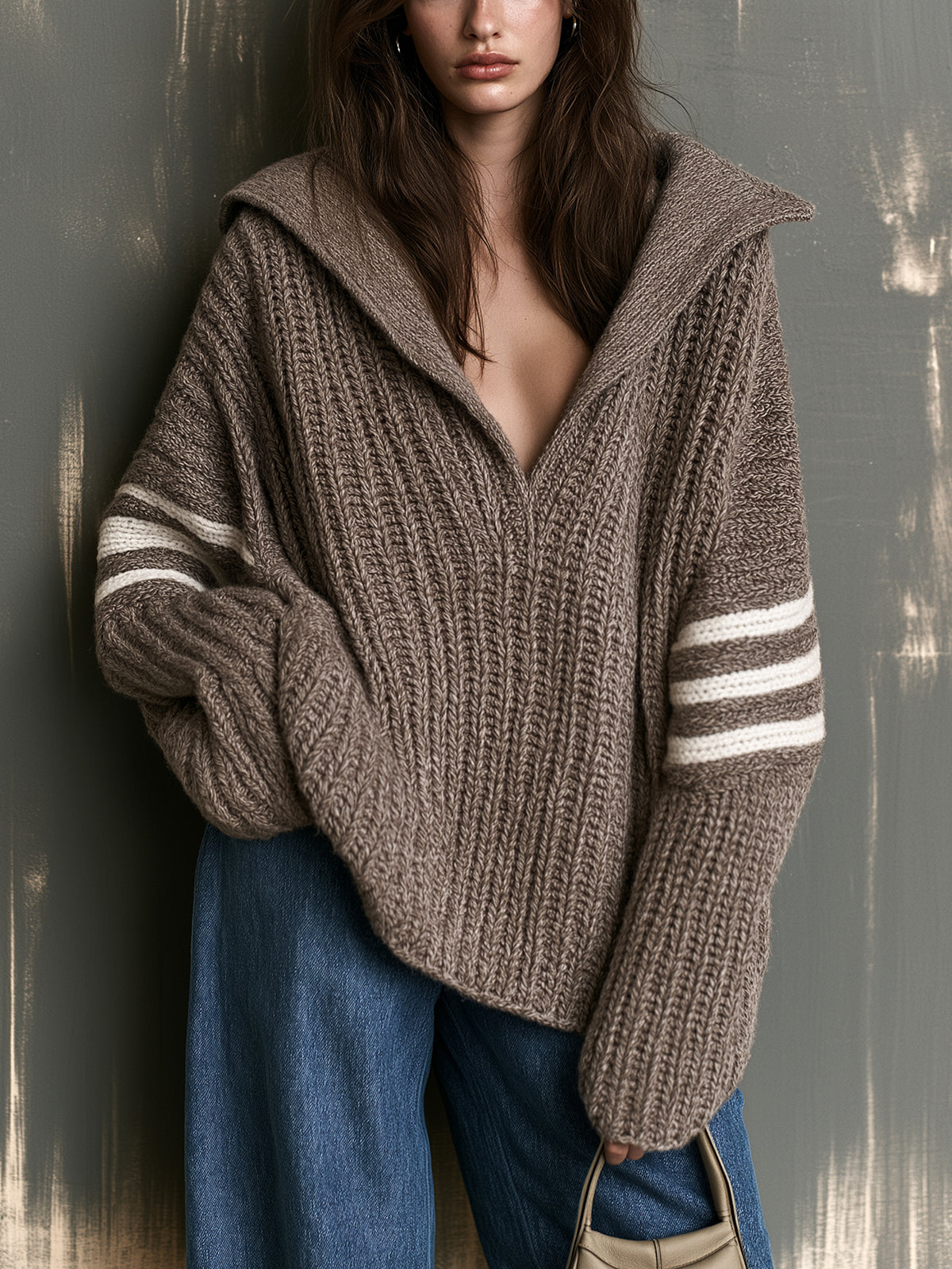 ElevenOra Chic Elegant Brown Lapel V-Neck Dropped Shoulder Long-Sleeve White Stripes Detail Oversize Ribbed Knit Sweater