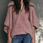 ElevenOra Chic Elegant Pink Zipper-Up Lapel Collar Dropped Shoulder Half-Sleeve Oversize Soft Knit Sweater