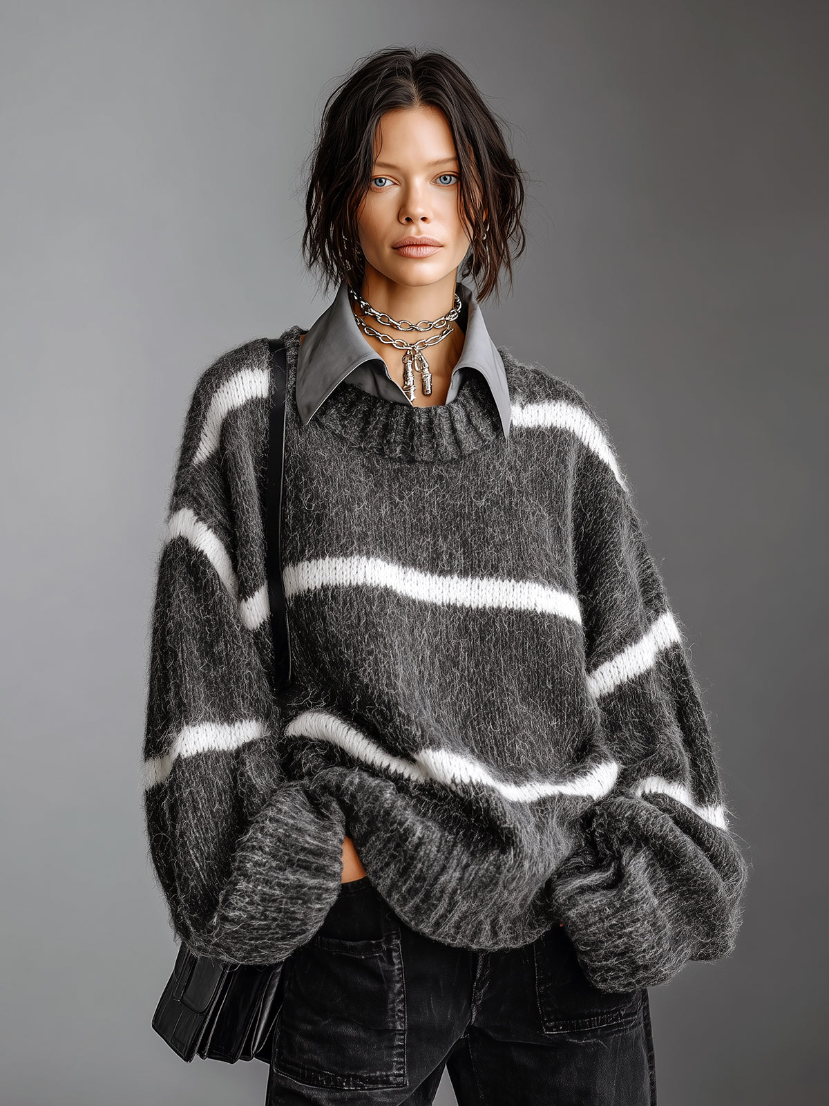 ElevenOra Chic Casual Gray-White Stripes Lapel Collar Dropped Shoulder Long-Sleeve Oversize Soft Knit Faux-Two-Piece Sweater