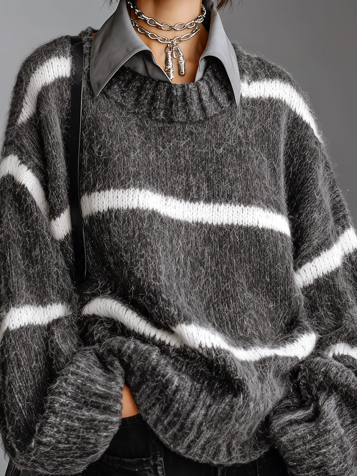 ElevenOra Chic Casual Gray-White Stripes Lapel Collar Dropped Shoulder Long-Sleeve Oversize Soft Knit Faux-Two-Piece Sweater