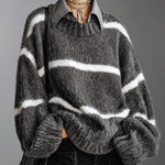 ElevenOra Chic Casual Gray-White Stripes Lapel Collar Dropped Shoulder Long-Sleeve Oversize Soft Knit Faux-Two-Piece Sweater