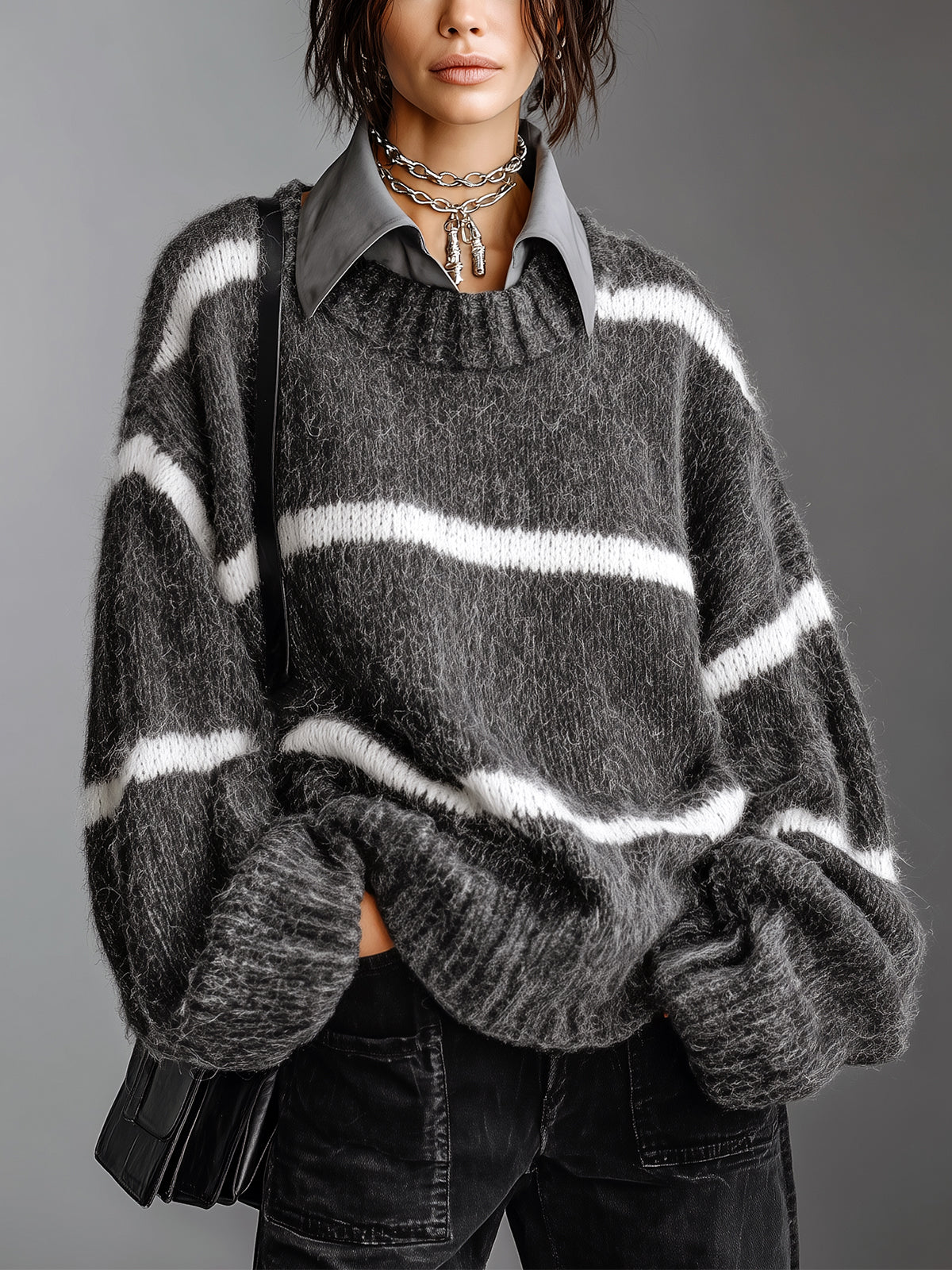 ElevenOra Chic Casual Gray-White Stripes Lapel Collar Dropped Shoulder Long-Sleeve Oversize Soft Knit Faux-Two-Piece Sweater