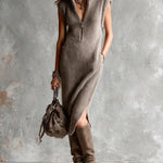 ElevenOra Chic Casual Brown Zipper-Up Stand-Collar Sleeveless Side Slit Detail Loose-Fit Soft Knit Midi Dress