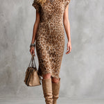 ElevenOra Chic Casual Brown Leopard Jacquard Mock Neck Sleeveless Loose-Fit Soft Fuzzy Knit Midi Dress