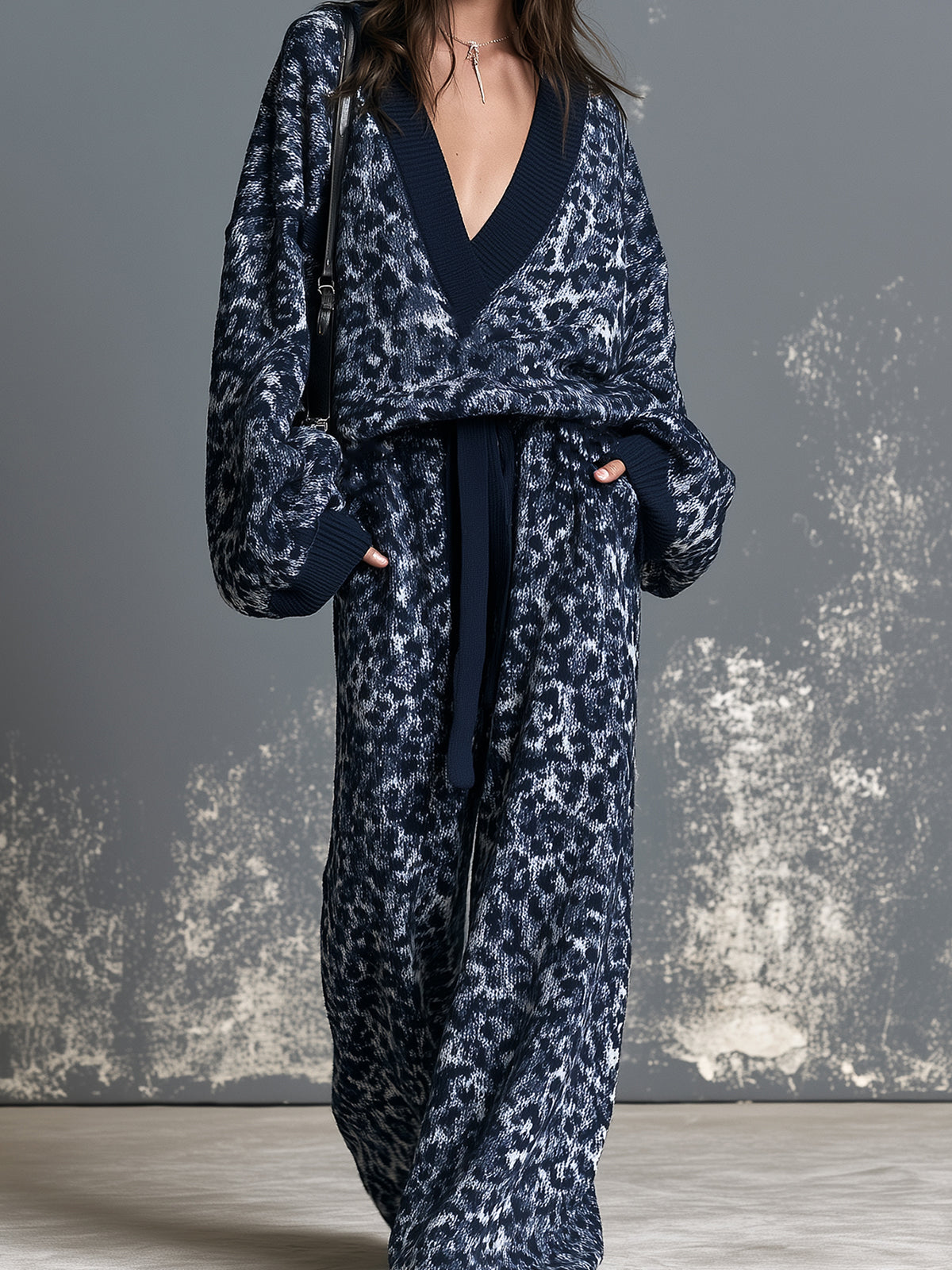 ElevenOra Chic Navy Blue Leopard Jacquard Deep V-Neck Dropped Shoulder Long-Sleeve Loose-Fit Sweater Drawstring-Waist Wide-Leg Pants Knit Two-Piece Set