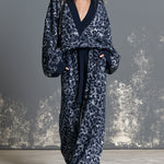 ElevenOra Chic Navy Blue Leopard Jacquard Deep V-Neck Dropped Shoulder Long-Sleeve Loose-Fit Sweater Drawstring-Waist Wide-Leg Pants Knit Two-Piece Set