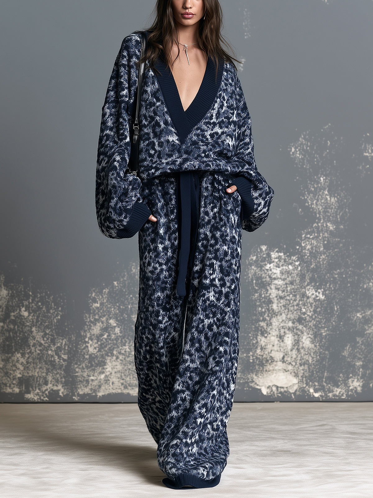 ElevenOra Chic Navy Blue Leopard Jacquard Deep V-Neck Dropped Shoulder Long-Sleeve Loose-Fit Sweater Drawstring-Waist Wide-Leg Pants Knit Two-Piece Set