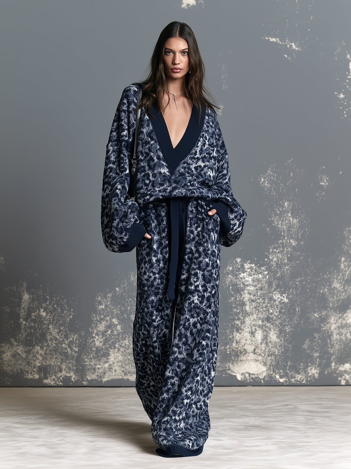 ElevenOra Chic Navy Blue Leopard Jacquard Deep V-Neck Dropped Shoulder Long-Sleeve Loose-Fit Sweater Drawstring-Waist Wide-Leg Pants Knit Two-Piece Set