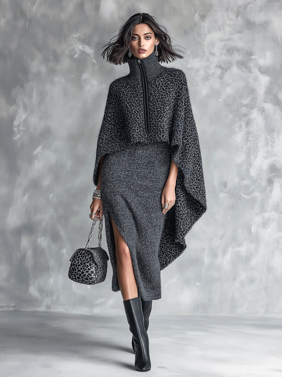 ElevenOra Chic Elegant Dark Gray Melange Spaghetti-Strap Side-Slit Bodycon Dress Leopard Zipper-Up Turtleneck Asymmetrical Hem Cape Knit Two-Piece Set