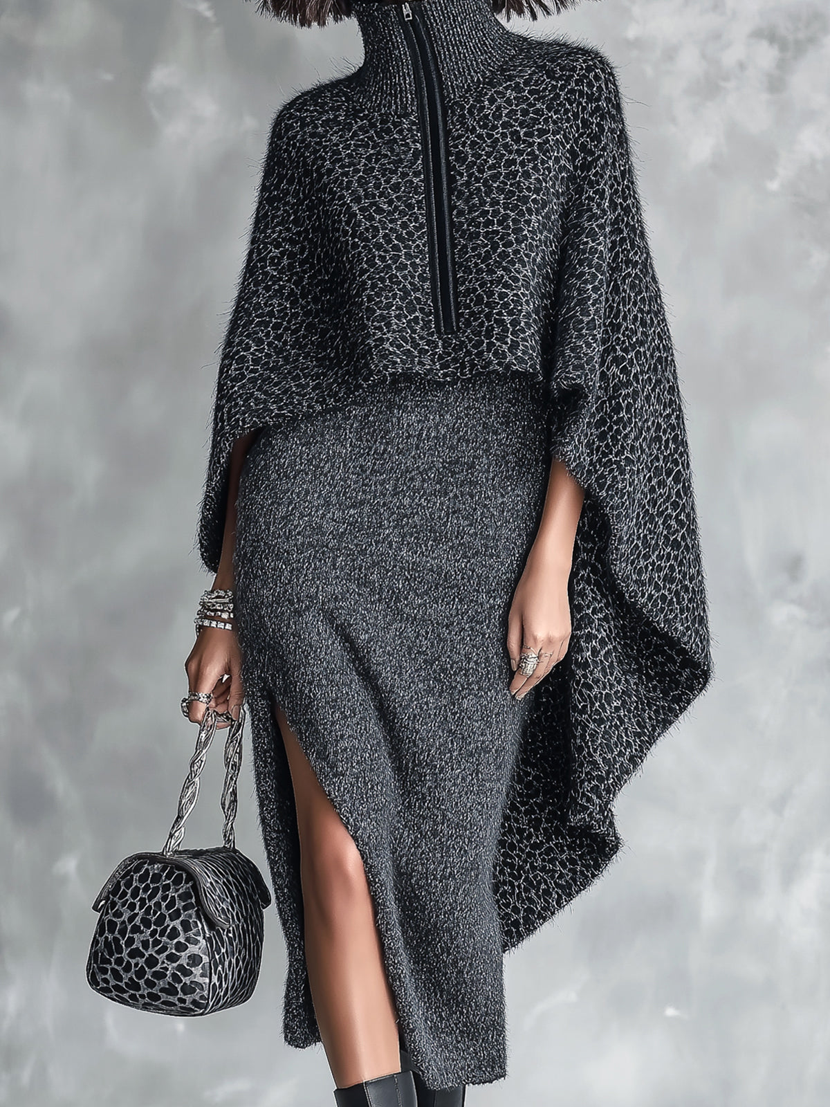 ElevenOra Chic Elegant Dark Gray Melange Spaghetti-Strap Side-Slit Bodycon Dress Leopard Zipper-Up Turtleneck Asymmetrical Hem Cape Knit Two-Piece Set